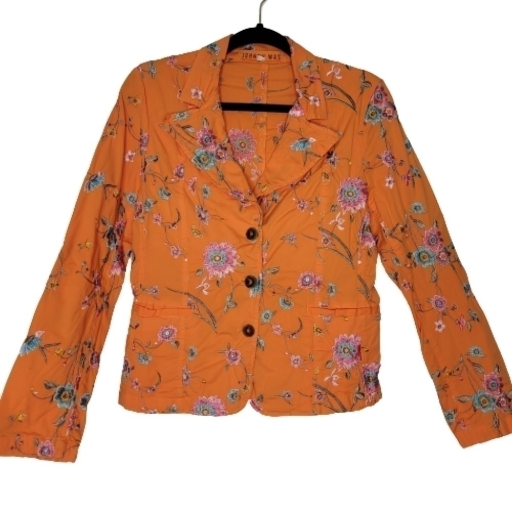 Johnny Was Orange Floral Embroidered Deconstructed Blazer - Picture 2 of 16